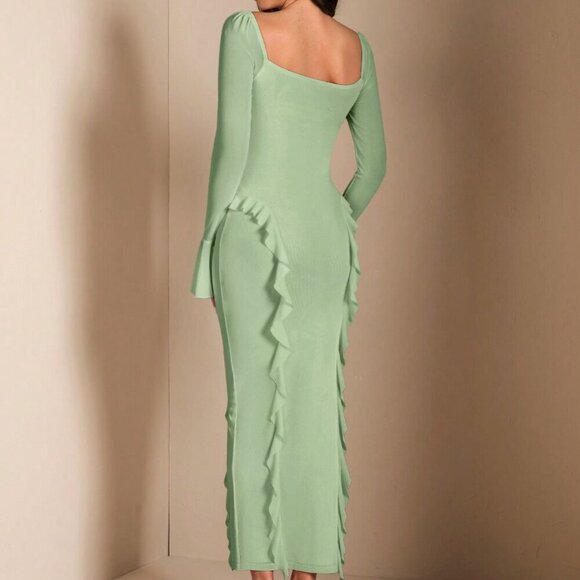 Green Elegant Women's Long Sleeve Floral 3d Decorative Ruffled Dress - Picture 2 of 8